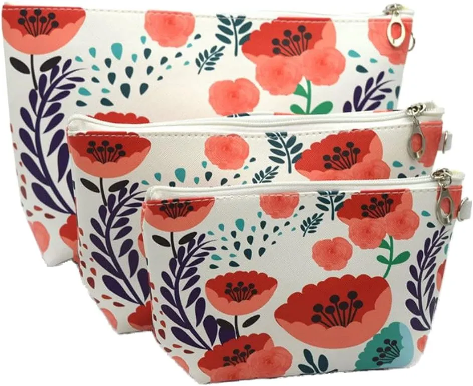 3 PCS cosmetic bag waterproof cosmetic bag large capacity pu leather, Bathroom, Storage (3 Sizes) (Orange sun flower)