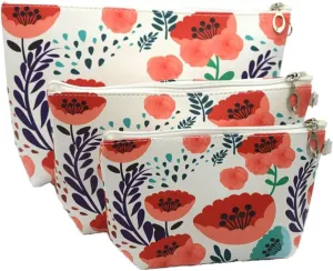 3 PCS cosmetic bag waterproof cosmetic bag large capacity pu leather, Bathroom, Storage (3 Sizes) (Orange sun flower)
