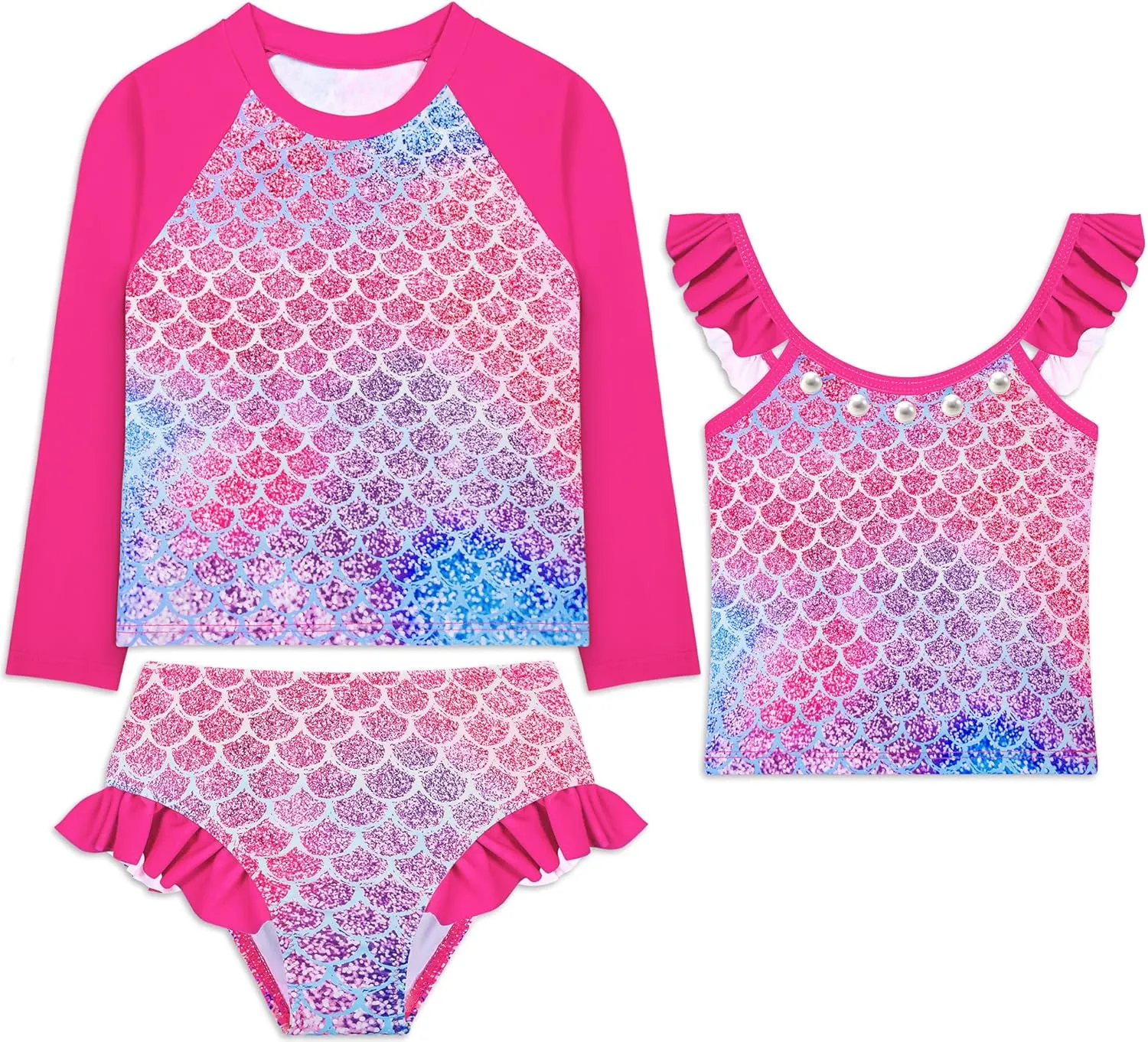 3 Pcs Girls Long Sleeve Swimsuit Rash Guard Swimsuit Quick Dry Tankini Bathing Suits Girls' Swimwear 4-8 Years