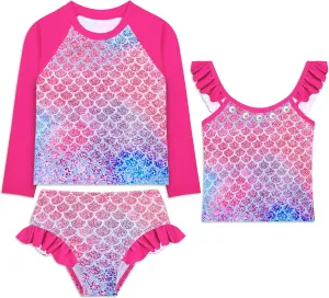 3 Pcs Girls Long Sleeve Swimsuit Rash Guard Swimsuit Quick Dry Tankini Bathing Suits Girls' Swimwear 4-8 Years