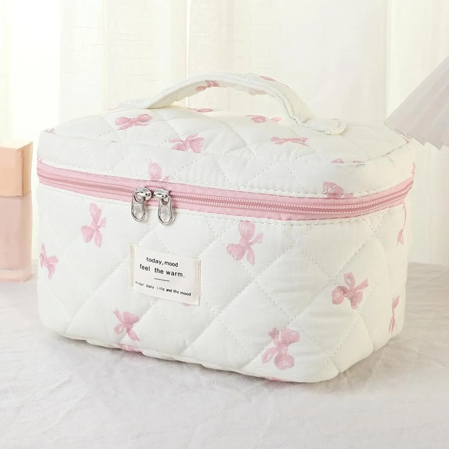 3 Pcs Quilted Makeup Bag Set,Coquette Bow Make up Bag,Cute Floral Makeup Bags Large Travel Toiletry Cosmetic Bag Organizer for Women Girls (L-3PCS)
