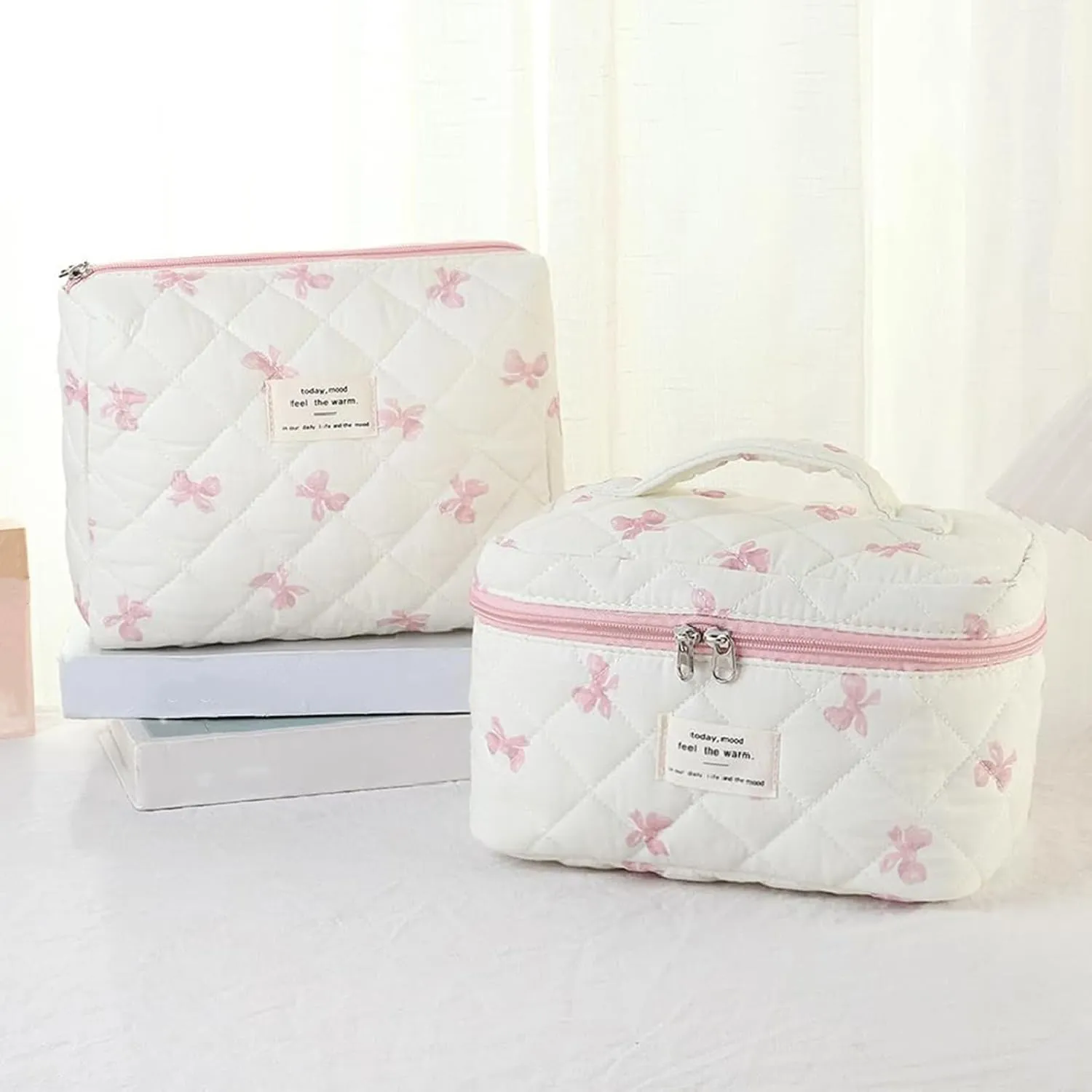3 Pcs Quilted Makeup Bag Set,Coquette Bow Make up Bag,Cute Floral Makeup Bags Large Travel Toiletry Cosmetic Bag Organizer for Women Girls (L-3PCS)
