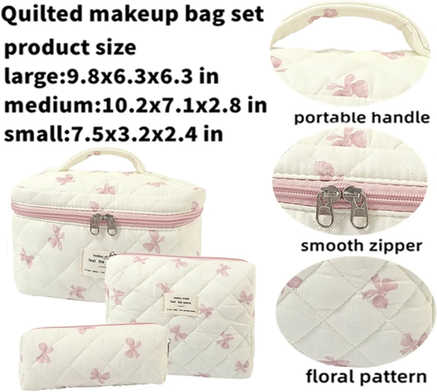 3 Pcs Quilted Makeup Bag Set,Coquette Bow Make up Bag,Cute Floral Makeup Bags Large Travel Toiletry Cosmetic Bag Organizer for Women Girls (L-3PCS)