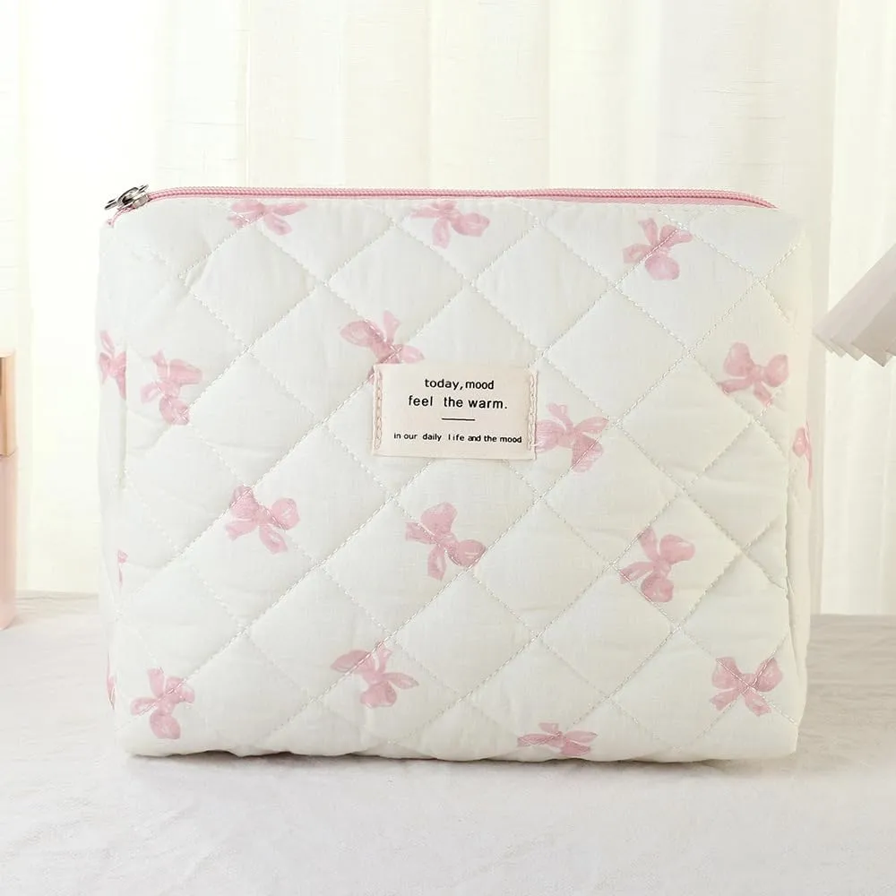 3 Pcs Quilted Makeup Bag Set,Coquette Bow Make up Bag,Cute Floral Makeup Bags Large Travel Toiletry Cosmetic Bag Organizer for Women Girls (L-3PCS)