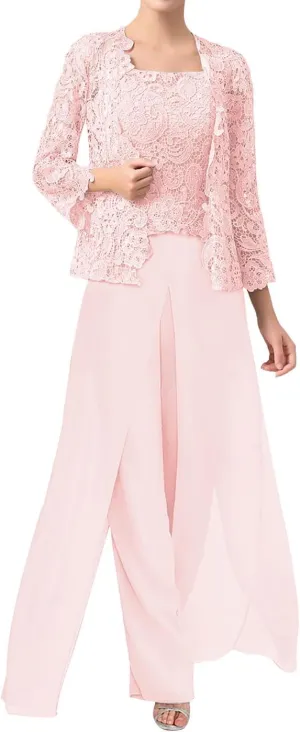3 Pieces Mother of The Bride Dresses Pant Suits Chiffon Evening Formal Dress for Wedding Guest Groom Dresses Lace Jacket