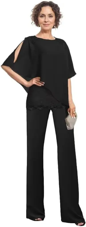 3 Pieces Mother of The Bride Pant Suits for Women Dressy Wedding Dress Lace Cape Formal Outfit