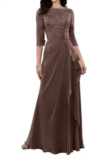 3/4 Sleeve Chiffon Mother of The Bride Dresses for Wedding Long Laces Applique Ruffles Formal Evening Party Gowns