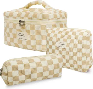 3Pcs Cotton Quilted Makeup Bag Set,Large Floral Cosmetic BagAesthetic Toiletry Travel Makeup Bag Set and Cute Flower Bag for Women Girls (White Brown Plaid)