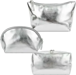 3pcs Make up Bag Set Travel Makeup Bags for Women Leather Cosmetic Bag Toiletry Organizer Bag Personalized Makeup Pouch Skincare Bag Silver