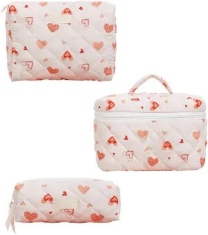 3Pcs Quilted Cotton Makeup Bag,Coquette Quilted Toiletry Bag for Women and Girls, Coquette Pouch, Cute Kawaii Travel Cosmetic Bags