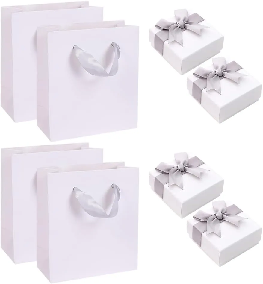 4 Pcs Cardboard Jewelry Gift Boxes Necklace Packaging Boxes Earring Display Boxes Bracelet Gift Cases with Lids and 4 Pcs Paper Gift Bags for Valentine's Day Grey