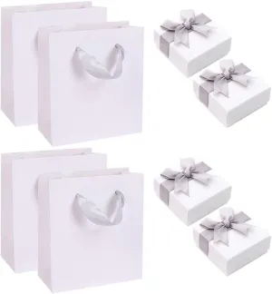 4 Pcs Cardboard Jewelry Gift Boxes Necklace Packaging Boxes Earring Display Boxes Bracelet Gift Cases with Lids and 4 Pcs Paper Gift Bags for Valentine's Day Grey