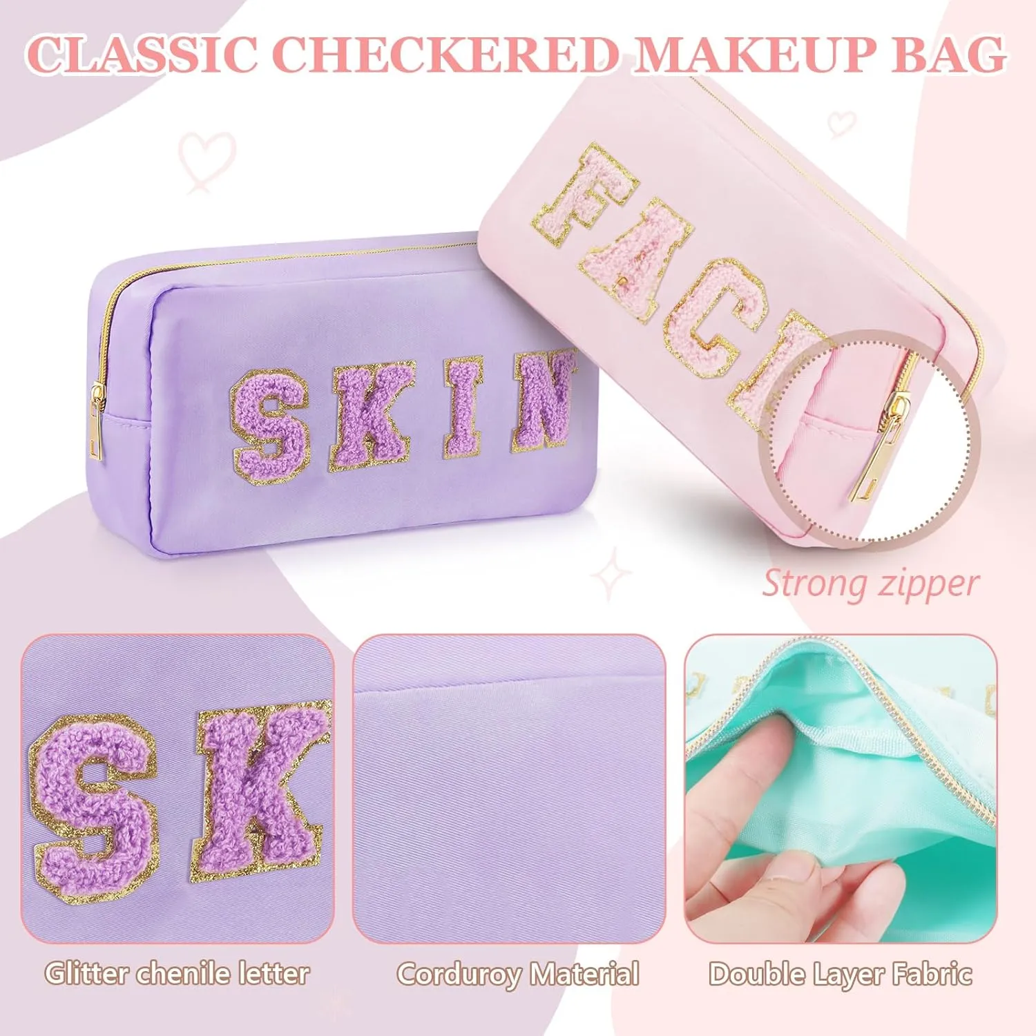 4 Pcs Travel Toiletry Bags for Women Preppy Makeup Bags Organizer Face Skin Hair Stuff Chenille Letter Pouch with Zipper Aesthetic Waterproof Skin care Hair Bag for Women Gifts