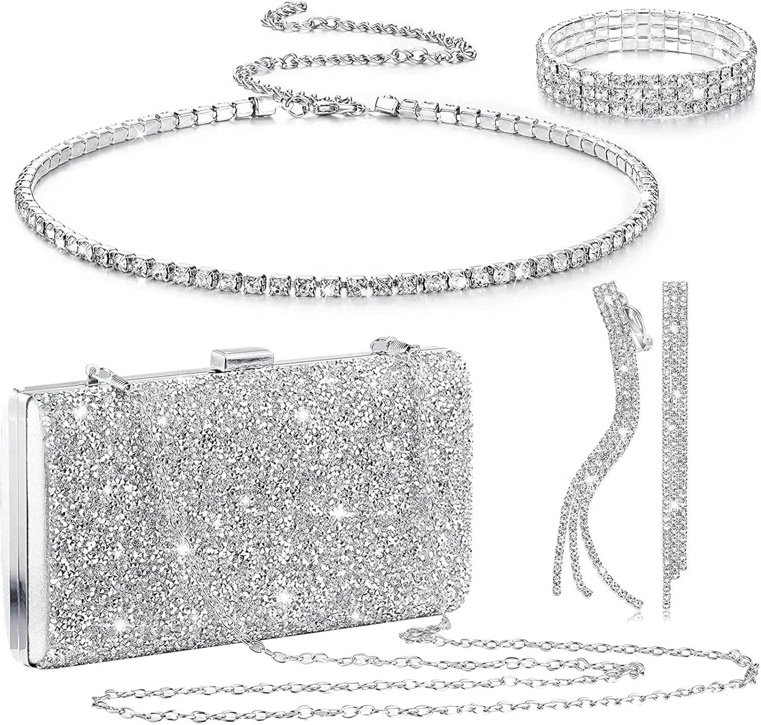 4 Pieces Rhinestone Jewelry SetClutch Purse Prom Jewelry Sets Wedding Bridal Jewelry Rhinestone Necklace Dangle Ear ClipCrystal Jewelry Set Wedding Party