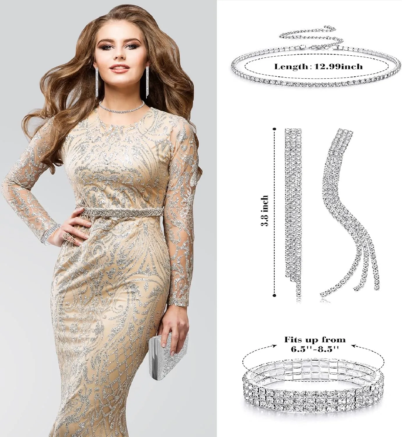 4 Pieces Rhinestone Jewelry SetClutch Purse Prom Jewelry Sets Wedding Bridal Jewelry Rhinestone Necklace Dangle Ear ClipCrystal Jewelry Set Wedding Party