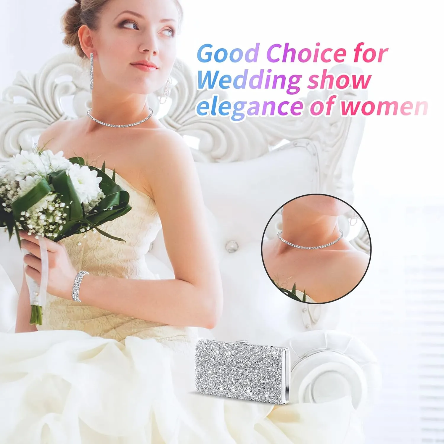 4 Pieces Rhinestone Jewelry SetClutch Purse Prom Jewelry Sets Wedding Bridal Jewelry Rhinestone Necklace Dangle Ear ClipCrystal Jewelry Set Wedding Party
