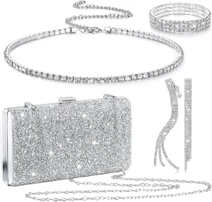 4 Pieces Rhinestone Jewelry SetClutch Purse Prom Jewelry Sets Wedding Bridal Jewelry Rhinestone Necklace Dangle Ear ClipCrystal Jewelry Set Wedding Party