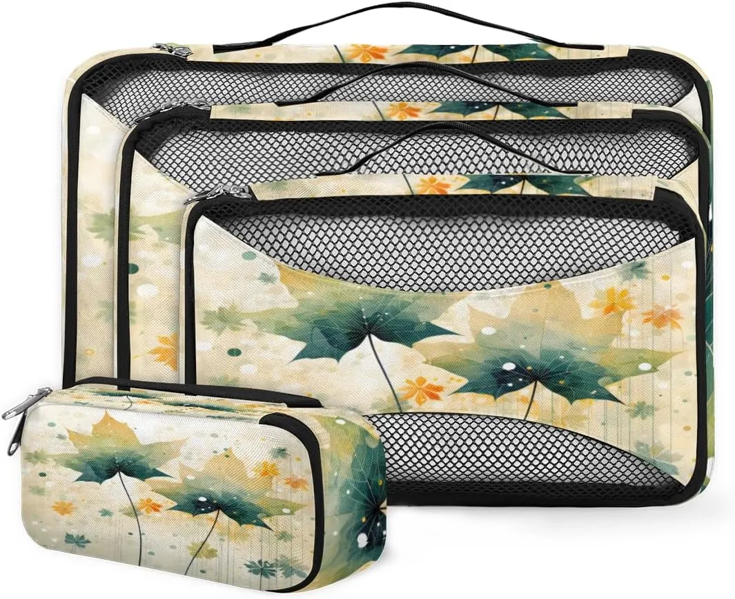 4 Set Packing Cubes for Suitcases, Travel Essentials for Carry on Luggage, Abstract Leaves Suitcase Organizers for Clothes Shoes Toiletries Travel Accessories in 4 Sizes - Graffiti Maple Leaves