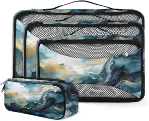 4 Set Packing Cubes for Suitcases, Travel Essentials for Carry on Luggage, Abstract Marble Suitcase Organizers for Clothes Shoes Toiletries Travel Accessories in 4 Sizes - Blue Gold Marble
