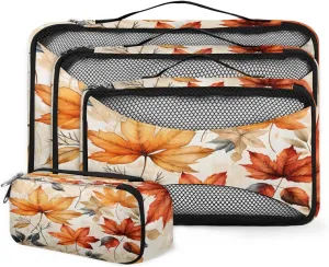 4 Set Packing Cubes for Suitcases, Travel Essentials for Carry on Luggage, Autumn Leaves Suitcase Organizers for Clothes Shoes Toiletries Travel Accessories in 4 Sizes - Abstract Maple Leaves