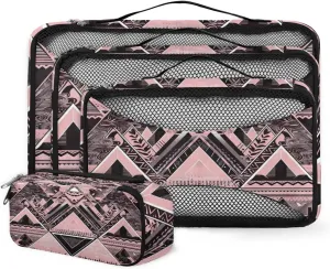 4 Set Packing Cubes for Suitcases, Travel Essentials for Carry on Luggage, Black Geometry Suitcase Organizers for Clothes Shoes Toiletries Travel Accessories in 4 Sizes - Pink Ethnic Aztec