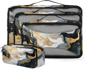 4 Set Packing Cubes for Suitcases, Travel Essentials for Carry on Luggage, Black Gold Marble Luggage Organizer Bags for Clothes Shoes Toiletries Travel Accessories in 4 Sizes - Watercolor Marble