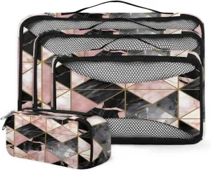 4 Set Packing Cubes for Suitcases, Travel Essentials for Carry on Luggage, Colorful Marble Suitcase Organizers for Clothes Shoes Toiletries Travel Accessories in 4 Sizes - Pink Gold Marble