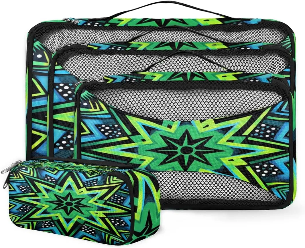 4 Set Packing Cubes for Suitcases, Travel Essentials for Carry on Luggage, Crazy Lines Star Suitcase Organizers for Clothes Shoes Toiletries Travel Accessories in 4 Sizes - Green Star