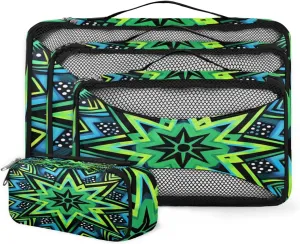 4 Set Packing Cubes for Suitcases, Travel Essentials for Carry on Luggage, Crazy Lines Star Suitcase Organizers for Clothes Shoes Toiletries Travel Accessories in 4 Sizes - Green Star