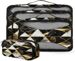 4 Set Packing Cubes for Suitcases, Travel Essentials for Carry on Luggage, Fantastic Marble Suitcase Organizers for Clothes Shoes Toiletries Travel Accessories in 4 Sizes - Black Gold Marble