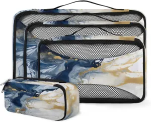 4 Set Packing Cubes for Suitcases, Travel Essentials for Carry on Luggage, Graffiti Marble Suitcase Organizers for Clothes Shoes Toiletries Travel Accessories in 4 Sizes - Blue Gold Marble