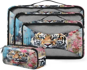 4 Set Packing Cubes for Suitcases, Travel Essentials for Carry on Luggage, Graffiti Tiger Suitcase Organizers for Clothes Shoes Toiletries Travel Accessories in 4 Sizes - Oil Painting Tiger