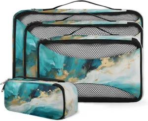 4 Set Packing Cubes for Suitcases, Travel Essentials for Carry on Luggage, Indigo Blue Marble Suitcase Organizers for Clothes Shoes Toiletries Travel Accessories in 4 Sizes - Abstract Marble