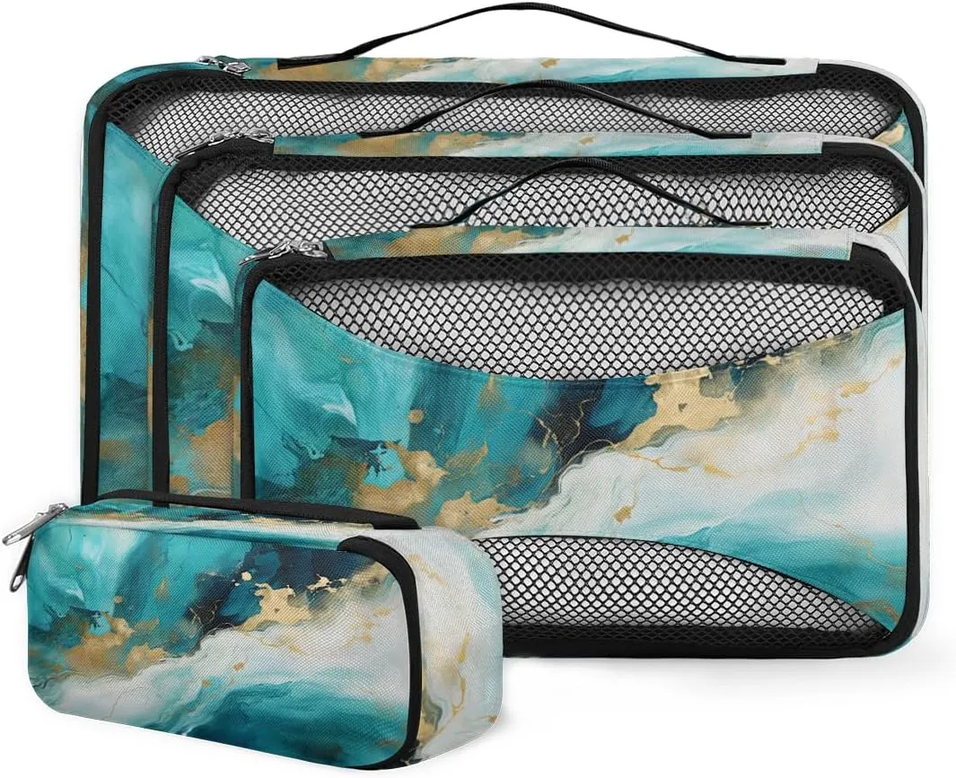 4 Set Packing Cubes for Suitcases, Travel Essentials for Carry on Luggage, Indigo Blue Marble Suitcase Organizers for Clothes Shoes Toiletries Travel Accessories in 4 Sizes - Abstract Marble