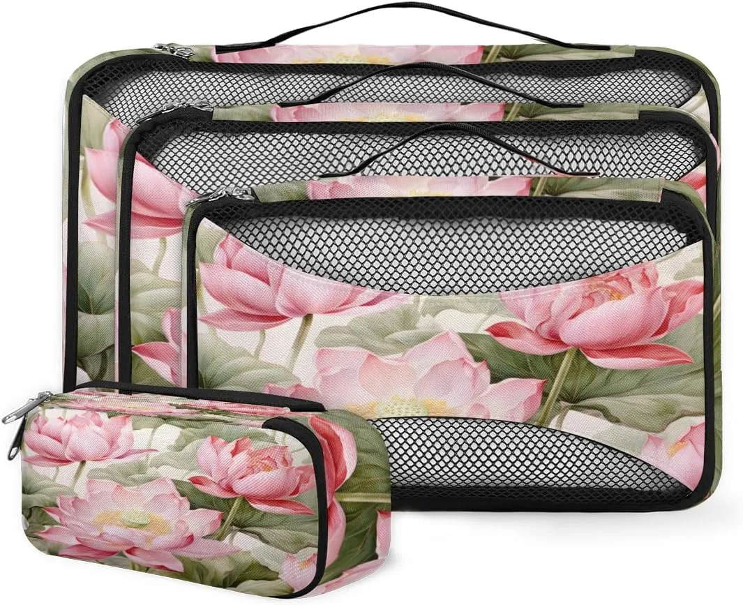 4 Set Packing Cubes for Suitcases, Travel Essentials for Carry on Luggage, Modern Flower Suitcase Organizers for Clothes Shoes Toiletries Travel Accessories in 4 Sizes - Oil Painting Flower