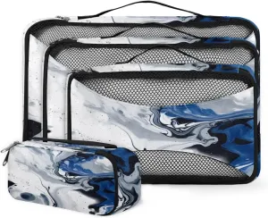 4 Set Packing Cubes for Suitcases, Travel Essentials for Carry on Luggage, Mystical Marble Suitcase Organizers for Clothes Shoes Toiletries Travel Accessories in 4 Sizes - Blue Gold Marble