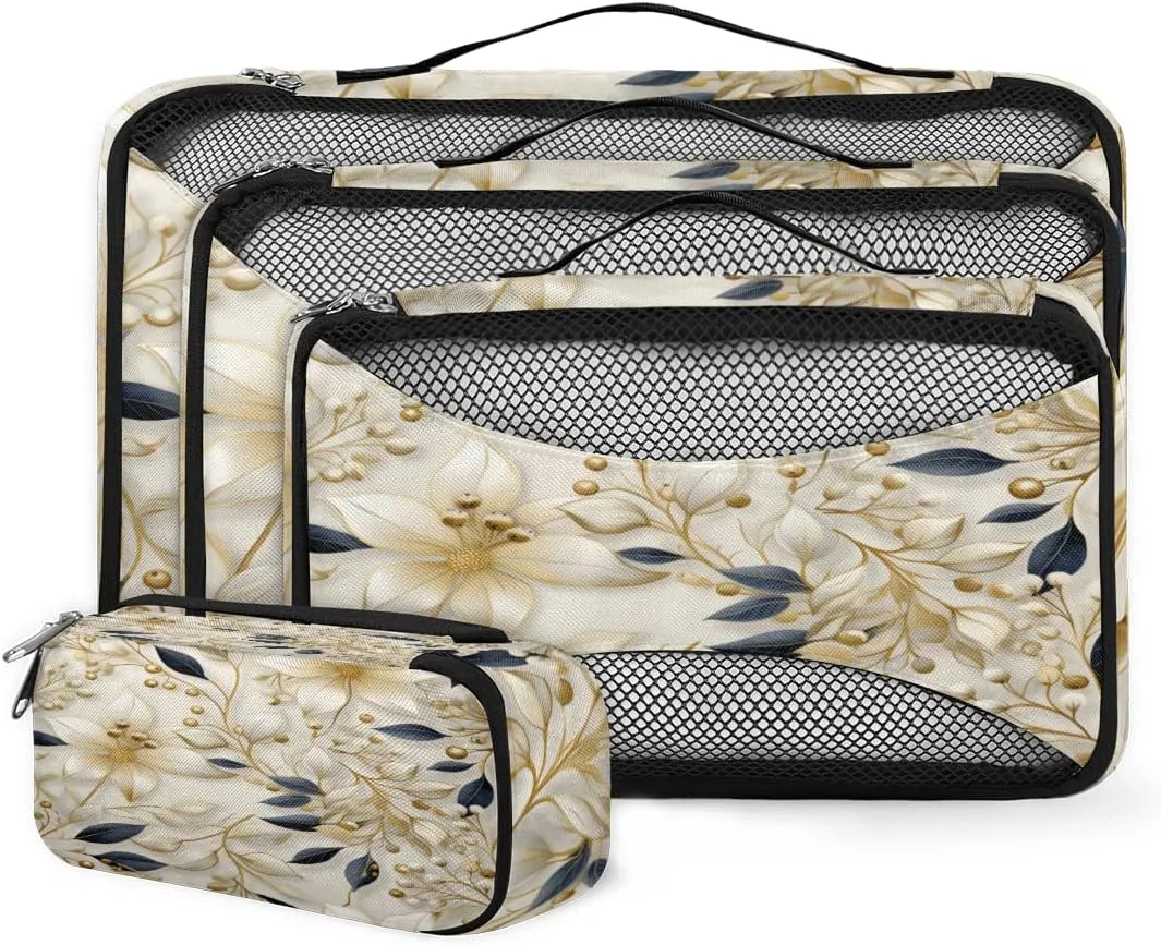 4 Set Packing Cubes for Suitcases, Travel Essentials for Carry on Luggage, Oil Painting Flowers Suitcase Organizers for Clothes Shoes Toiletries Travel Accessories in 4 Sizes - Retro Flowers