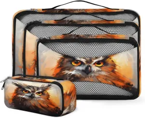 4 Set Packing Cubes for Suitcases, Travel Essentials for Carry on Luggage, Oil Painting Owl Suitcase Organizers for Clothes Shoes Toiletries Travel Accessories in 4 Sizes - Abstract Owl