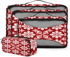 4 Set Packing Cubes for Suitcases, Travel Essentials for Carry on Luggage, Red Ethnic Pattern Suitcase Organizers for Clothes Shoes Toiletries Travel Accessories in 4 Sizes - Christmas Snowflake