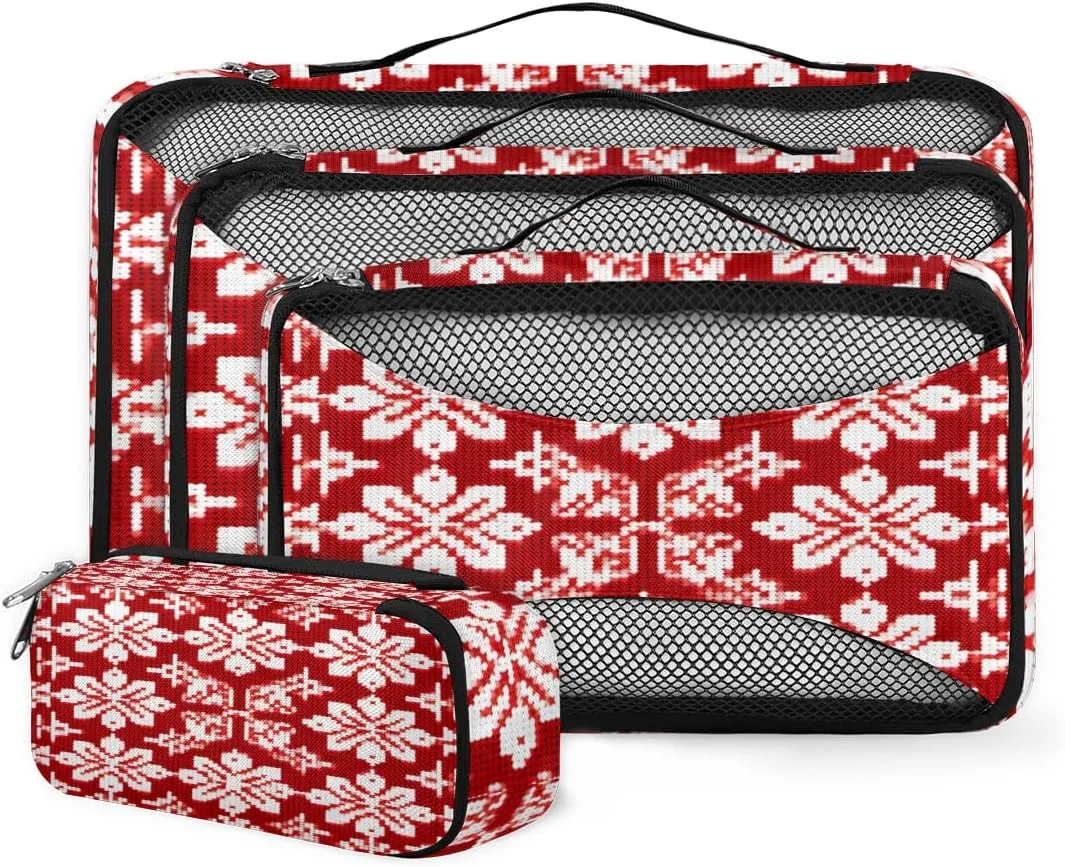 4 Set Packing Cubes for Suitcases, Travel Essentials for Carry on Luggage, Red Ethnic Pattern Suitcase Organizers for Clothes Shoes Toiletries Travel Accessories in 4 Sizes - Christmas Snowflake