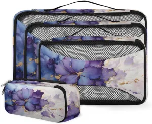 4 Set Packing Cubes for Suitcases, Travel Essentials for Carry on Luggage, Retro Marble Suitcase Organizers for Clothes Shoes Toiletries Travel Accessories in 4 Sizes - Purple Gold Marble