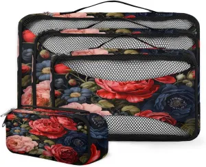4 Set Packing Cubes for Suitcases, Travel Essentials for Carry on Luggage, Rose Flower Suitcase Organizers for Clothes Shoes Toiletries Travel Accessories in 4 Sizes - Oil Painting Flower