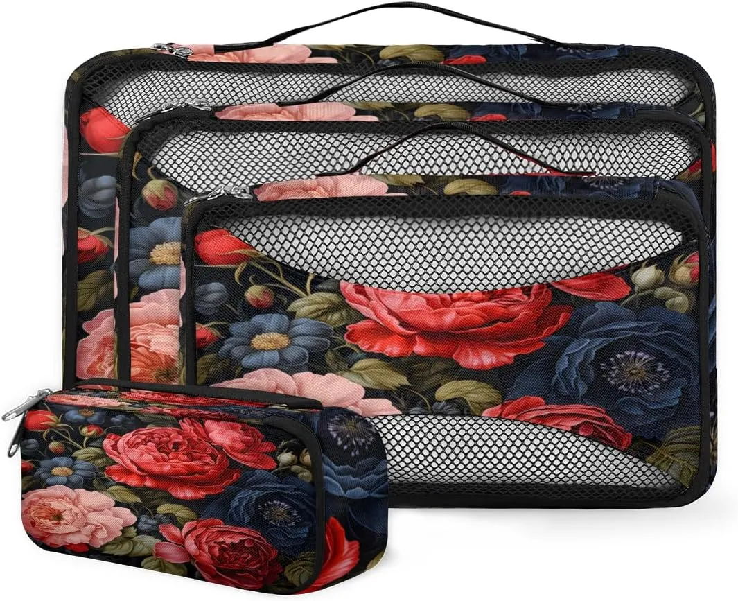 4 Set Packing Cubes for Suitcases, Travel Essentials for Carry on Luggage, Rose Flower Suitcase Organizers for Clothes Shoes Toiletries Travel Accessories in 4 Sizes - Oil Painting Flower