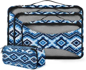 4 Set Packing Cubes for Suitcases, Travel Essentials for Carry on Luggage, Traditional Aztec Suitcase Organizers for Clothes Shoes Toiletries Travel Accessories in 4 Sizes - Vintage Striped Pattern
