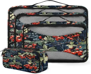 4 Set Packing Cubes for Suitcases, Travel Essentials for Carry on Luggage, Watercolor Holly Suitcase Organizers for Clothes Shoes Toiletries Travel Accessories in 4 Sizes - Christmas Holly Leaves