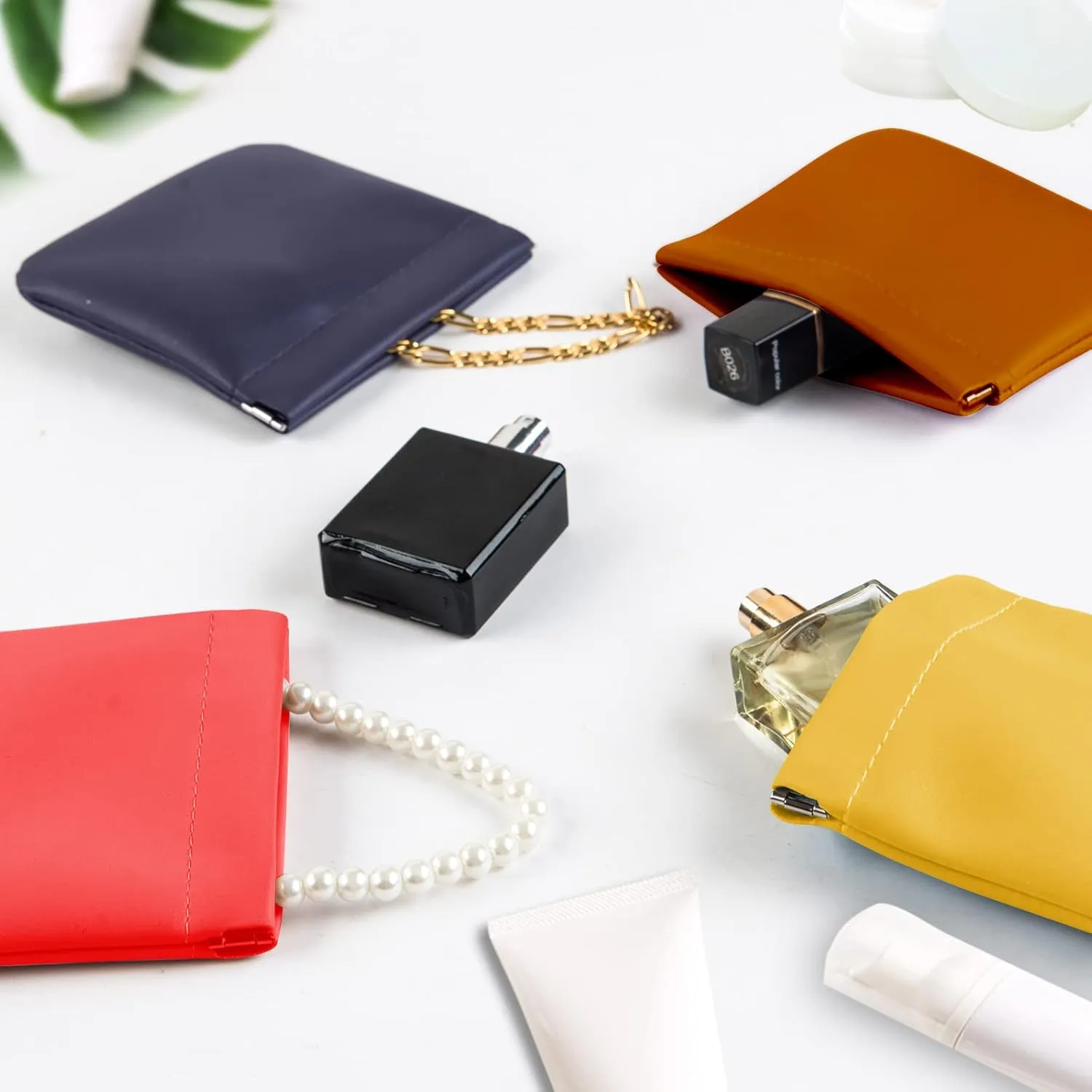 4Pcs Pocket Cosmetic Bag for Purses, Leather Small Makeup Bag Cosmetic Pouch for Women, Portable No Zipper Makeup Pouch Coin Purse Jewelry Pouch Travel Storage for Cosmetics Headphones Jewelry