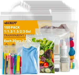 5 Various Gallon Size Zip Plastic Bags (Pack of 100), 1/1.3/1.5/2/3 Gal, 2 mil each 20 Count Food Grade Reclosable Zip Top Lock Bags for Home & Kitchen