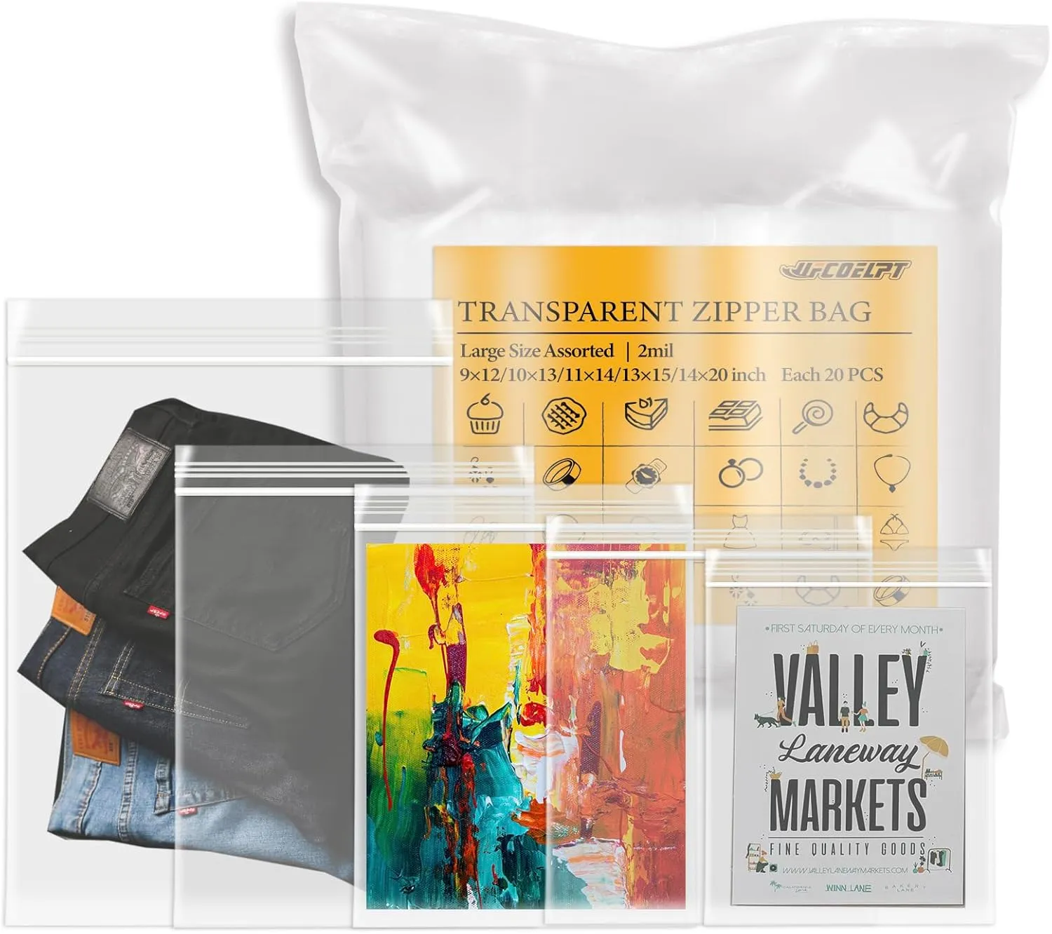 5 Various Gallon Size Zip Plastic Bags (Pack of 100), 1/1.3/1.5/2/3 Gal, 2 mil each 20 Count Food Grade Reclosable Zip Top Lock Bags for Home & Kitchen