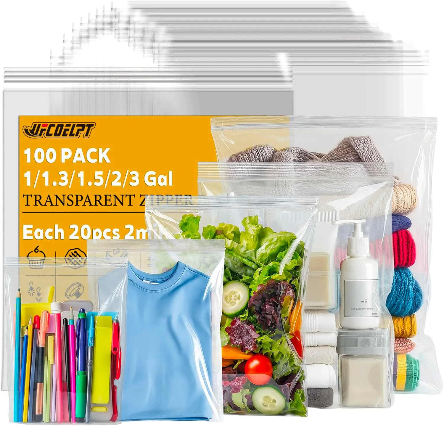5 Various Gallon Size Zip Plastic Bags (Pack of 100), 1/1.3/1.5/2/3 Gal, 2 mil each 20 Count Food Grade Reclosable Zip Top Lock Bags for Home & Kitchen