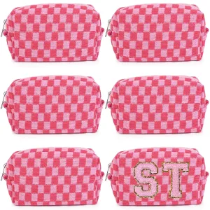 6 Pcs Preppy Makeup Bag Bulk Checkered Cosmetic Bag Pink Makeup Pouch Personalize Travel Toiletry Bag Organizer Cute DIY Makeup Brushes Storage Bag for Women